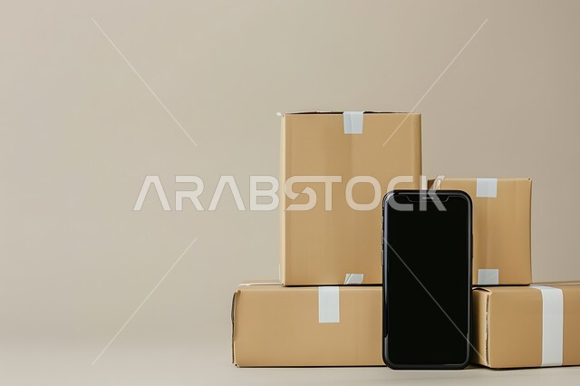 هاتف محمول بشاشة سوداء فارغة بجانب الطرود والكراتين المغلفة، مفهوم التسوق الالكتروني الآمن، دمج التقنيات الحديثة المتطورة بالحياة العملية, مواقع ومراكز التسوق والشراء الاونلاين