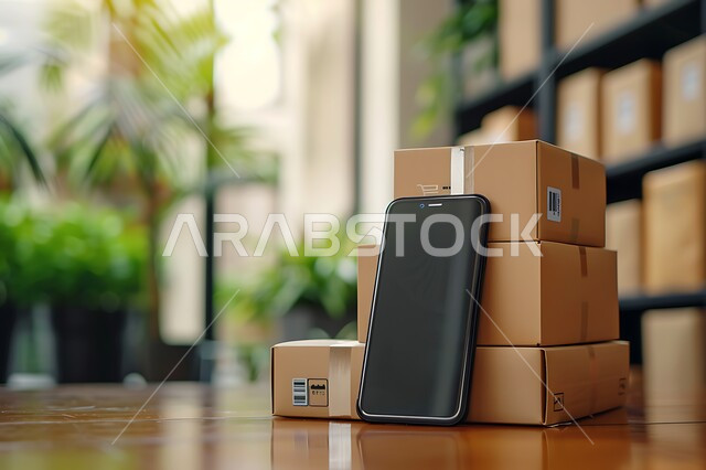 Mobile phone with blank black screen next to packages and boxes, the concept of safe online shopping, integrating modern advanced technologies into practical life, online shopping and shopping sites and centers