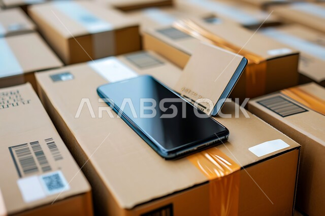 هاتف محمول بشاشة سوداء فارغة بجانب الطرود والكراتين المغلفة، مفهوم التسوق الالكتروني الآمن، دمج التقنيات الحديثة المتطورة بالحياة العملية, مواقع ومراكز التسوق والشراء الاونلاين