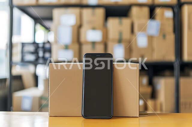 مفهوم التسوق الالكتروني الآمن، دمج التقنيات الحديثة المتطورة بالحياة العملية, مواقع ومراكز التسوق والشراء الاونلاين، هاتف محمول بشاشة سوداء فارغة بجانب الطرود والكراتين المغلفة