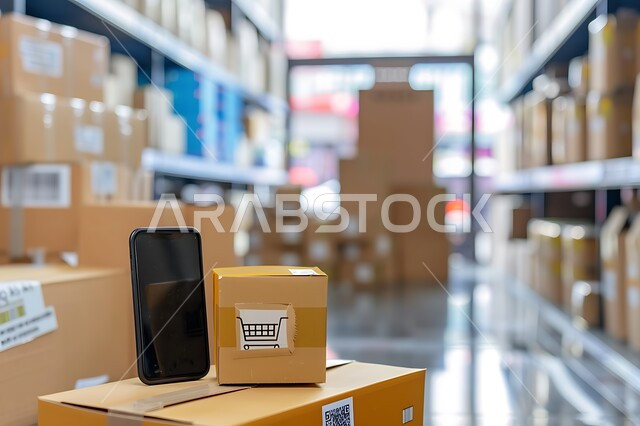 مفهوم التسوق الالكتروني الآمن، دمج التقنيات الحديثة المتطورة بالحياة العملية, مواقع ومراكز التسوق والشراء الاونلاين، هاتف محمول بشاشة سوداء فارغة بجانب الطرود والكراتين المغلفة