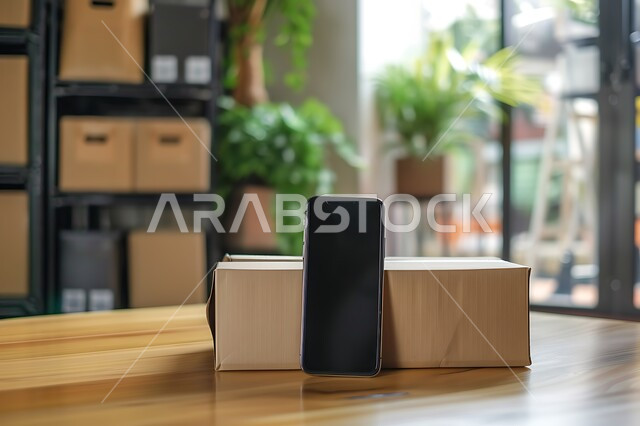 مفهوم التسوق الالكتروني الآمن، دمج التقنيات الحديثة المتطورة بالحياة العملية, مواقع ومراكز التسوق والشراء الاونلاين، هاتف محمول بشاشة سوداء فارغة بجانب الطرود والكراتين المغلفة