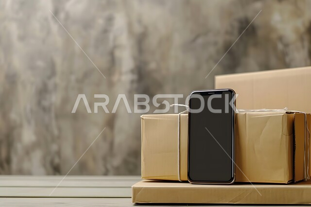 مفهوم التسوق الالكتروني الآمن، دمج التقنيات الحديثة المتطورة بالحياة العملية, مواقع ومراكز التسوق والشراء الاونلاين، هاتف محمول بشاشة سوداء فارغة بجانب الطرود والكراتين المغلفة