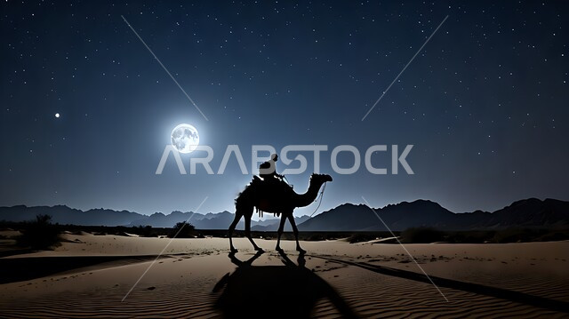 وسائل النقل والمواصلات القديمة، ضوء القمر بدرا في السماء، تربيه ورعايه المواشي, صورة ظلية لراعي عربي خليجي سعودي يمتطي الجمل فوق الرمال الذهبية الناعمه في الصحراء العربيه في الليل، مفهوم السفر على حيوان الابل في المملكة العربية السعودية، خلفية الطبيعة، سالوييت