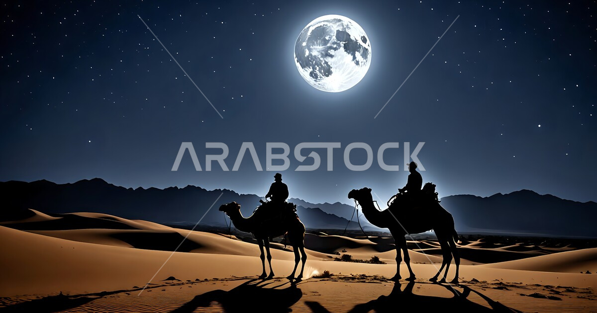 Ancient means of transportation, full moon light in the sky, livestock ...