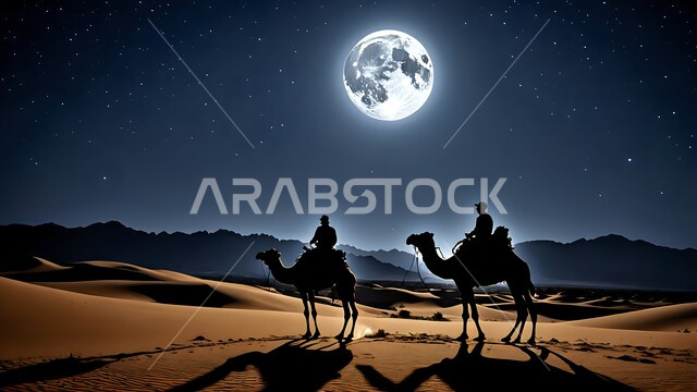 وسائل النقل والمواصلات القديمة، ضوء القمر بدرا في السماء، تربيه ورعايه المواشي, صورة ظلية لراعيين عربيين خليجيين سعوديين يمتطيان الجمال فوق الرمال الذهبية الناعمه في الصحراء العربيه في الليل، مفهوم السفر على حيوان الابل في المملكة العربية السعودية، خلفية الطبيعة، سالوييت