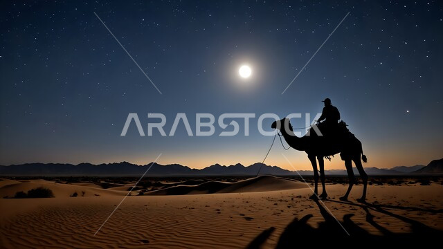 ضوء القمر بدرا في السماء، وسائل النقل والمواصلات القديمة، تربيه ورعايه المواشي, صورة ظلية لراعي عربي خليجي سعودي يمتطي الجمل فوق الرمال الذهبية الناعمه في الصحراء العربيه في الليل، مفهوم السفر على حيوان الابل في المملكة العربية السعودية، خلفية الطبيعة، سالوييت