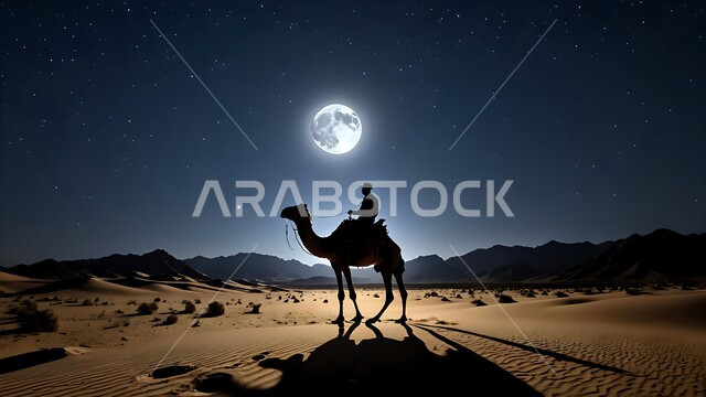 ضوء القمر بدرا في السماء، وسائل النقل والمواصلات القديمة، تربيه ورعايه المواشي, صورة ظلية لراعي عربي خليجي سعودي يمتطي الجمل فوق الرمال الذهبية الناعمه في الصحراء العربيه في الليل، مفهوم السفر على حيوان الابل في المملكة العربية السعودية، خلفية الطبيعة، سالوييت