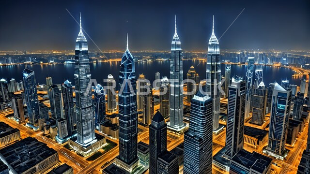 Towers, buildings and illuminated commercial facilities, Saudi Vision 2030, concept of developing and improving infrastructure, imaginary future view of progress and urban growth, modern architectural arts and designs for skyscrapers in the Kingdom