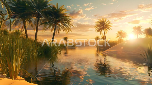منظر السماء المليئة بالسحب والغيوم في وقت غروب الشمس, موسم حصاد التمور, محاصيل ومنتجات محلية وطنية, محمية طبيعية لزراعة أشجار النخيل, المزارع والأراضي الزراعية حول البحيرات المائية في المملكة العربية السعودية, التضاريس والقمم والمرتفعات الجبلية, خلفية الطبيعة