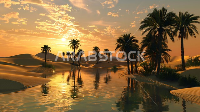 Terrain, peaks and mountain heights, tree shadow reflection on the lake water, national local crops and products, a natural reserve for growing palm trees, farms and agricultural lands around water lakes in the Kingdom of Saudi Arabia, a view of the sky full of clouds at sunset, nature background