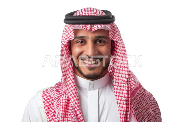 مفهوم الرجولة والأناقه، الاهتمام بالمظهر الخارجي، بورتريه مقرب لرجل عربي خليجي سعودي مبتسم يرتدي الشماغ والثوب التقليدي ينظر إلى الكاميرا بإيماءات السرور والفرح، خلفية بيضاء