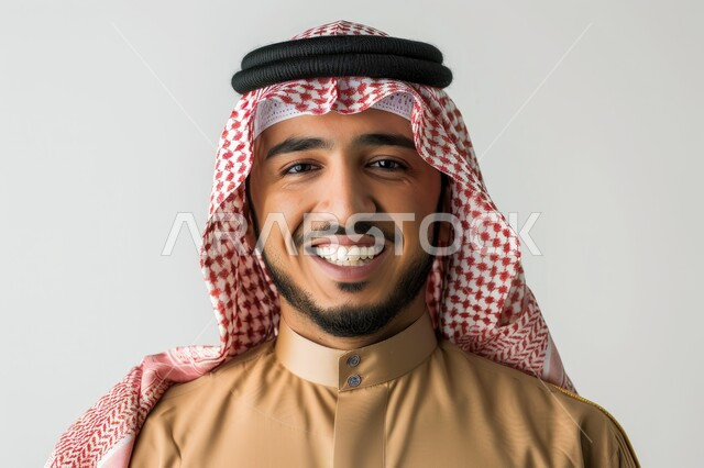 مفهوم الرجولة والأناقه، الاهتمام بالأناقة والمظهر الخارجي، بورتريه مقرب لرجل عربي خليجي سعودي مبتسم يرتدي الشماغ والثوب التقليدي ينظر إلى الكاميرا بإيماءات السرور والفرح، خلفية بيضاء