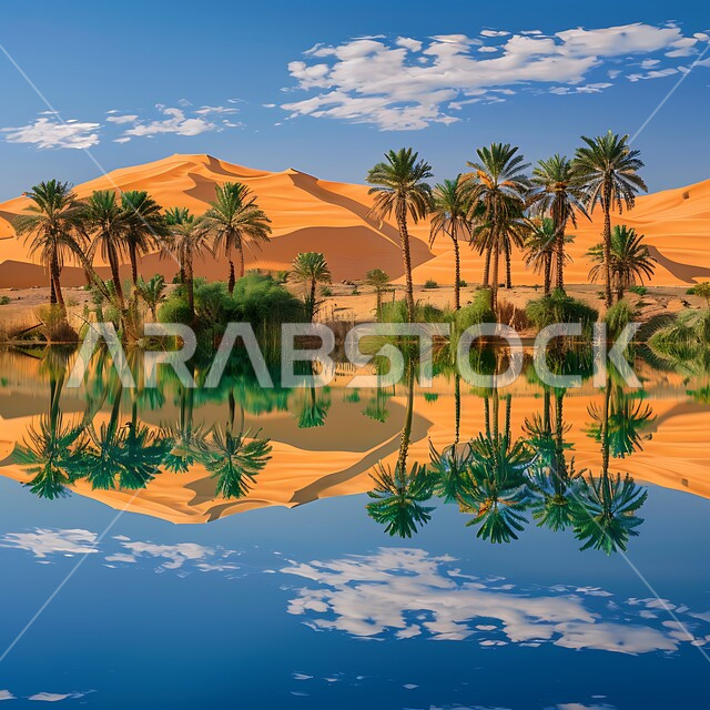 التضاريس والقمم والمرتفعات الجبلية، انعكاس ظل الشجر على مياه البحيرة, منظر السماء المليئة بالسحب في النهار, المحميات الطبيعية في المملكة العربية السعودية, واحات ومزارع أشجار النخيل في الطبيعة الصحراوية حول البحيرات المائية, خلفية الطبيعة