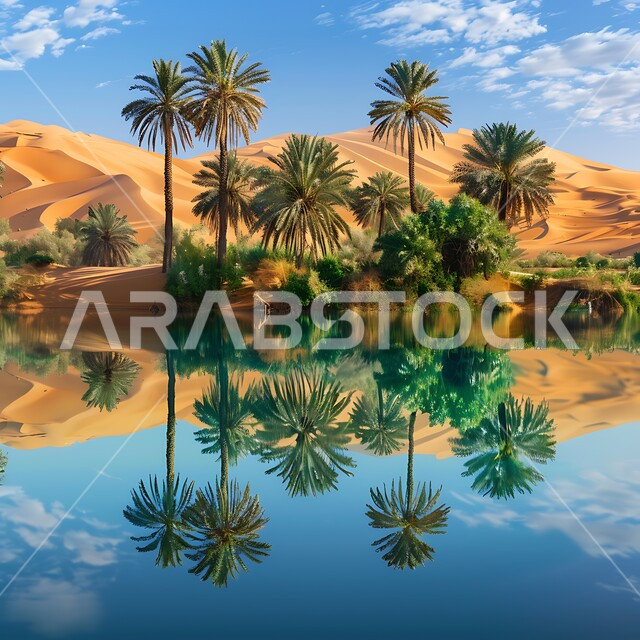 منظر السماء المليئة بالسحب في النهار, التضاريس والقمم والمرتفعات الجبلية، انعكاس ظل الشجر على مياه البحيرة, المحميات الطبيعية في المملكة العربية السعودية, واحات ومزارع أشجار النخيل في الطبيعة الصحراوية حول البحيرات المائية, خلفية الطبيعة