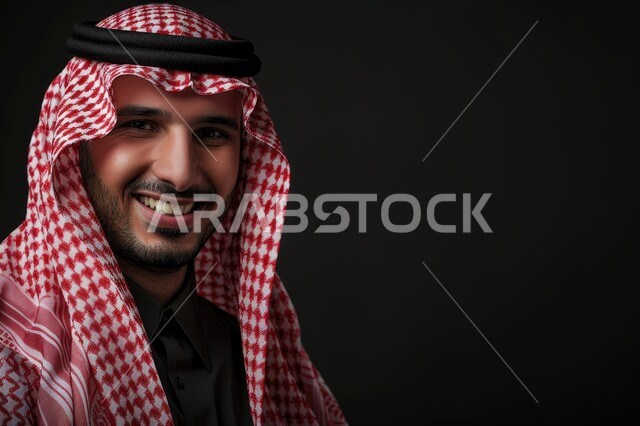 مفهوم الرجولة والأناقه، الاهتمام بالأناقة والمظهر الخارجي، بورتريه مقرب لرجل عربي خليجي سعودي مبتسم يرتدي الشماغ والثوب التقليدي ينظر إلى الكاميرا بإيماءات السرور والفرح، خلفية سوداء