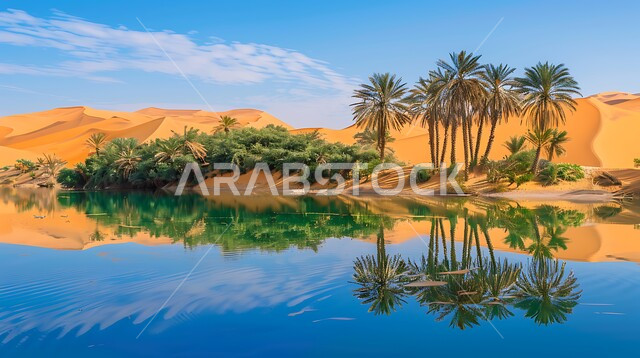 القمم و المرتفعات الجبلية، انعكاس ظل الشجر على مياه البحيرة, منظر السماء المليئة بالسحب نهارا, المحميات الطبيعية في المملكة العربية السعودية, واحات ومزارع أشجار النخيل في الطبيعة الصحراوية حول البحيرات المائية, خلفية الطبيعة