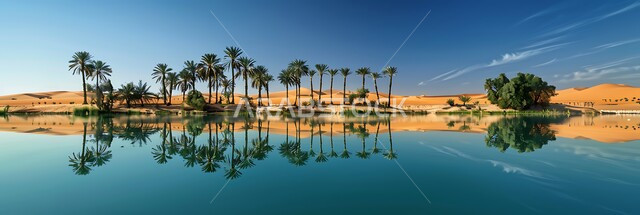 انعكاس الشجر على مياه البحيرة, التضاريس والقمم والمرتفعات الجبلية, المحميات الطبيعية في المملكة العربية السعودية, صورة بانورامية لواحات ومزارع أشجار النخيل في الطبيعة الصحراوية حول البحيرات المائية, خلفية الطبيعة