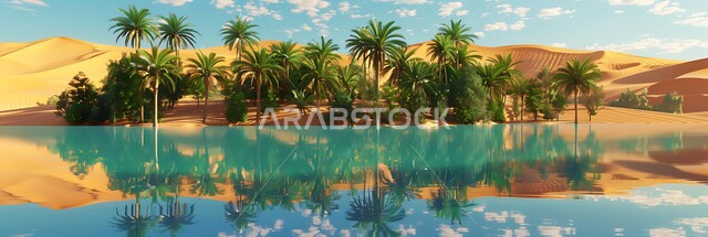 Natural reserves in the Kingdom of Saudi Arabia, oases and palm tree farms in the desert nature around water lakes, a panoramic image of terrain, peaks and mountain heights, the reflection of tree shadows on the lake water during the day, nature background