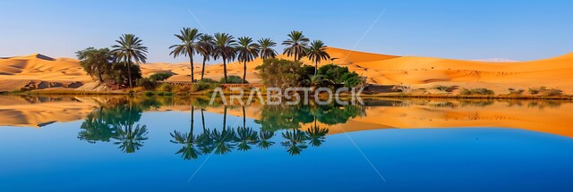 مناطق رحلات السفاري الترفيهية, صورة بانورامية التضاريس والقمم والمرتفعات الجبلية، انعكاس ظل الشجر على مياه البحيرة في النهار, المحميات الطبيعية لأشجار النخيل في المملكة العربية السعودية, الهضاب والتلال والكثبان الرملية الناعمة في الصحراء, خلفية الطبيعة