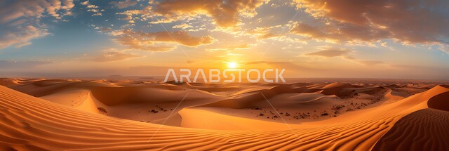 صورة بانورامية للقمم والمرتفعات الجبلية, منظر غروب الشمس على التلال الرملية والتضاريس الصحراوية الطبيعية في المملكة العربية السعودية, المناظر الطبيعية والرمال الذهبية الناعمة في الصحراء, خلفية الطبيعة