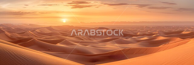 صورة بانورامية للقمم والمرتفعات الجبلية وقت غروب الشمس, المناظر الطبيعية والرمال الذهبية الناعمة في الصحراء، التلال الرملية والتضاريس الصحراوية الطبيعية في المملكة العربية السعودية, خلفية الطبيعة