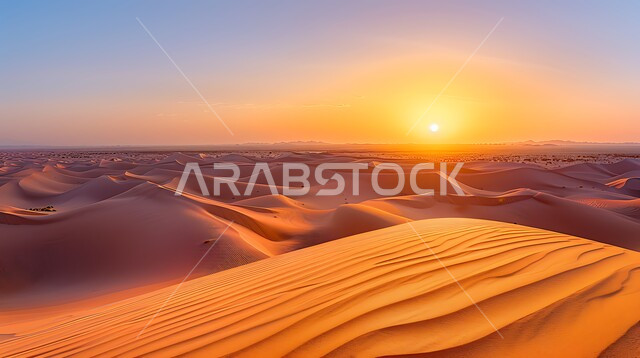 منظر غروب الشمس فوق مناطق البادية، البيئة الطبيعية الصحراوية، الهضاب والتلال من الرمال الذهبية الناعمة, التضاريس والمرتفعات والقمم الجبلية في البراري, التكوينات والتشكلات الرملية في صحراء المملكة العربية السعودية, خلفية الطبيعة