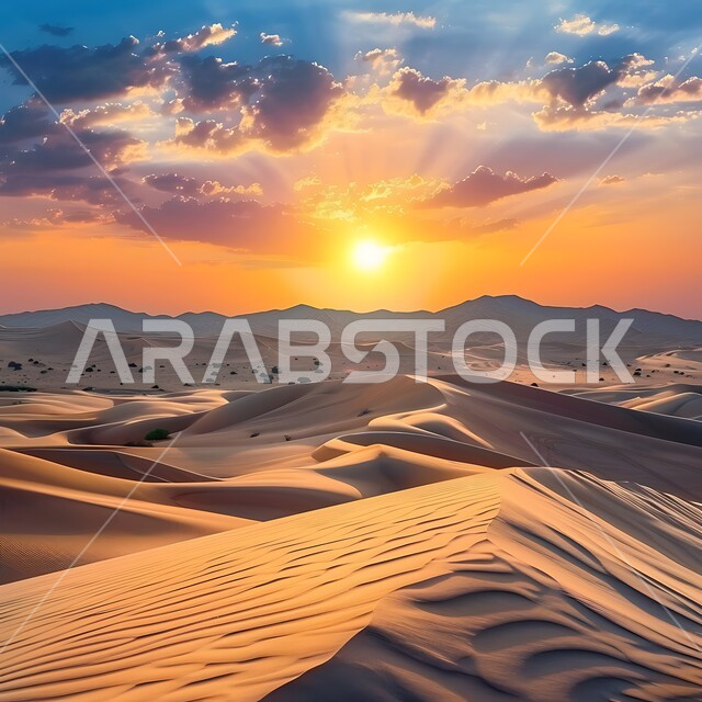 Sand formations and formations in the desert of the Kingdom of Saudi Arabia, sunset view over the desert regions, desert natural environment, plateaus and hills of soft golden sand, terrain, heights and mountain peaks in the prairies, nature background