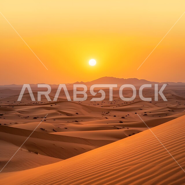 Terrain, heights and mountain peaks in the prairies, sand formations and formations in the desert of the Kingdom of Saudi Arabia, sunset view over the desert regions, desert natural environment, plateaus and hills of soft golden sand, nature background