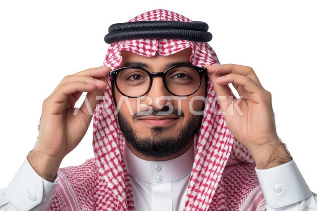 Expressions of wit and intelligence, a close-up portrait of a Saudi Gulf Arab man wearing a shemagh, traditional dress, and medical glasses, looking at the camera with gestures of joy and pleasure, the concept of precision and focus, white background