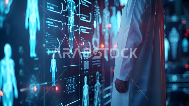 التقدم والتطور في المجالات الطبية في المملكة العربية السعودية, طبيب عربي خليجي سعودي يرتدي المعطف الأبيض يقف أمام شاشة رقمية ضخمة تعرض تحليلات عن صحة الانسان، استخدام التقنية والتكنولوجيا في البحث الصحي، مجسم ثلاثي الابعاد للهيكل العظمي بتقنية الهولوجرام