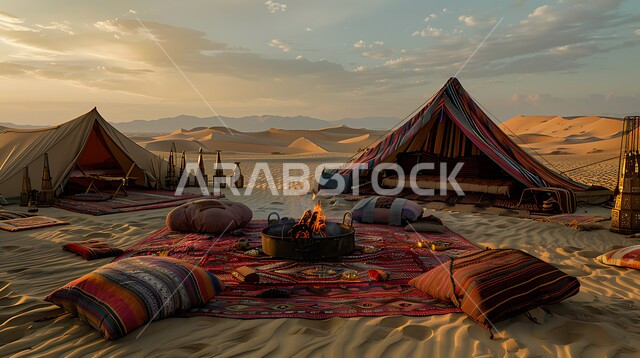 خيمة بدوية شعبية وسط الصحراء، التضاريس والرمال الذهبية الناعمة في وضح النهار، مخيمات سياحية في المناطق البرية, كشتة و جلسة بر شبابية، التخييم في صحاري المملكة العربية السعودية, الأجواء الشتوية الممتعة