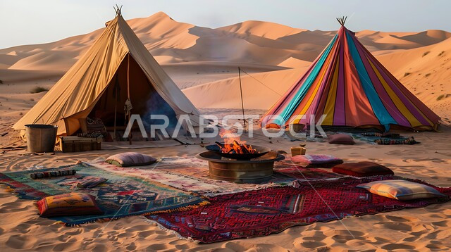Enjoyable winter atmosphere, popular Bedouin tent in the middle of the desert, terrain and soft golden sand in broad daylight, tourist camps in the wild areas, kashta and youth wilderness session, camping in the deserts of the Kingdom of Saudi Arabia