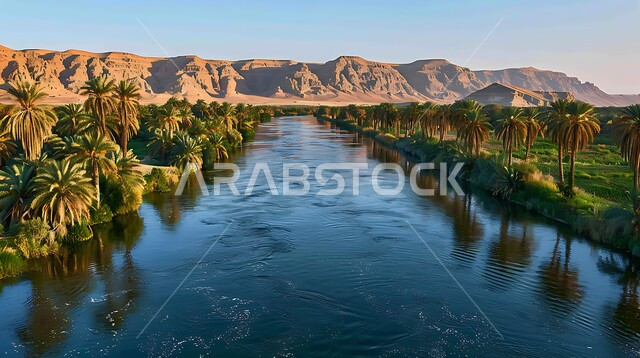 جدول ماء متدفق وسط الأراضي الحيوية العشبية في المملكة العربية السعودية، منظر غروب الشمس في السماء، الأماكن و المناطق الطبيعية السياحية، الاهتمام بزراعة أشجار النخيل في الواحات الخضراء وسط المناطق الصحراوية