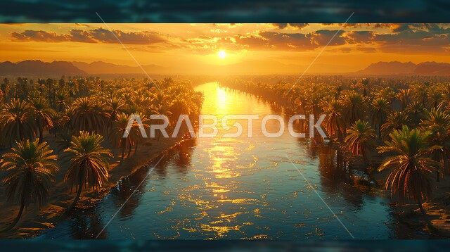 منظر غروب الشمس في السماء المليئة بالغيوم، جدول ماء متدفق وسط الأراضي الحيوية العشبية في المملكة العربية السعودية، الأماكن و المناطق الطبيعية السياحية، الاهتمام بزراعة أشجار النخيل في الواحات الخضراء وسط المناطق الصحراوية