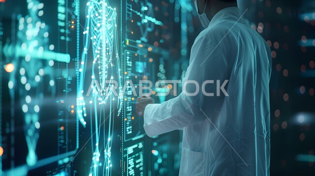 استخدام التقنية والتكنولوجيا في البحث الصحي، التطور والتقدم في المجالات الطبية في المملكة العربية السعودية, طبيب عربي خليجي سعودي يرتدي المعطف الأبيض يقف أمام شاشة رقمية ضخمة تعرض تحليلات عن صحة الانسان، مجسم ثلاثي الابعاد للهيكل العظمي بتقنية الهولوجرام