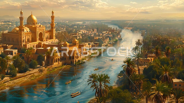 جدول ماء متدفق وسط الأراضي الحيوية العشبية في المملكة العربية السعودية، مشهد غروب الشمس في السماء المليئة بالغيوم، الاهتمام بزراعة أشجار النخيل في الواحات الخضراء في القرى السكنية القديمة، المناطق و الأماكن الطبيعية السياحية