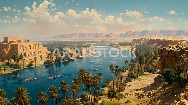 نهر متدفق وسط الأراضي الحيوية العشبية في المملكة العربية السعودية، مشهد غروب الشمس في السماء المليئة بالغيوم، الاهتمام بزراعة أشجار النخيل في الواحات الخضراء في القرى السكنية القديمة، المناطق و الأماكن الطبيعية السياحية