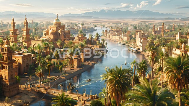 مشهد غروب الشمس في السماء المليئة بالغيوم، الاهتمام بزراعة أشجار النخيل في الواحات الخضراء في القرى السكنية القديمة، المناطق و الأماكن الطبيعية السياحية، جدول ماء متدفق وسط الأراضي الحيوية العشبية في المملكة العربية السعودية