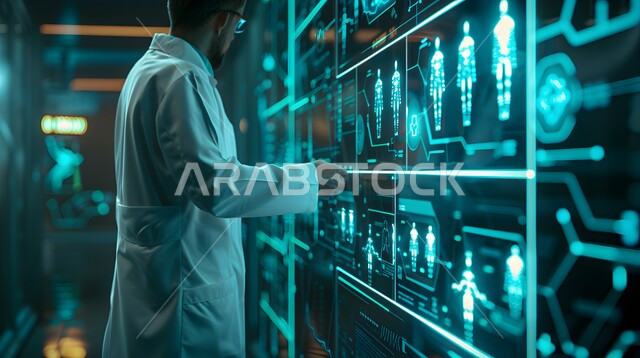 مجسم ثلاثي الابعاد للهيكل العظمي بتقنية الهولوجرام، التطور والتقدم في المجالات الطبية في المملكة العربية السعودية, طبيب عربي خليجي سعودي يرتدي المعطف الأبيض يقف أمام شاشة رقمية ضخمة تعرض تحليلات عن صحة الانسان، استخدام التقنية والتكنولوجيا في البحث الصحي