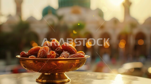 طبق معدني مزخرف من التمر الصحي، تمر دقلة نور، وجبة ذات قيمة غذائية عالية، ضيافة رمضانية شهية، التمور الصحية المتميزة ، خلفية قبب ومآذن المساجد