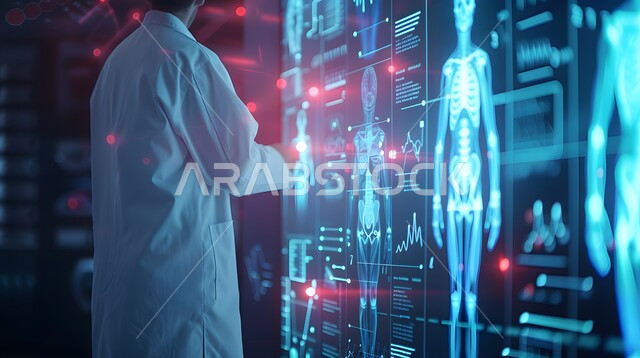A Saudi Gulf Arab doctor wearing a white coat stands in front of a huge digital screen displaying analyzes of human health, development and progress in medical fields in the Kingdom of Saudi Arabia, the use of technology and technology in health research, a three-dimensional model of the skeleton using hologram technology