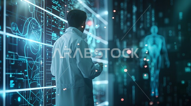 مجسم ثلاثي الابعاد للهيكل العظمي بتقنية الهولوجرام، التطور والتقدم في المجالات الطبية في المملكة العربية السعودية, طبيب عربي خليجي سعودي يرتدي المعطف الأبيض يقف أمام شاشة رقمية ضخمة تعرض تحليلات عن صحة الانسان، استخدام التقنية والتكنولوجيا في البحث الصحي