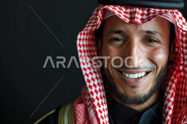 The concept of masculinity and elegance, interest in elegance and external appearance, a close-up portrait of a smiling Saudi Arabian Gulf man wearing a shemagh and traditional thobe, looking at the camera with gestures of pleasure and joy, black background