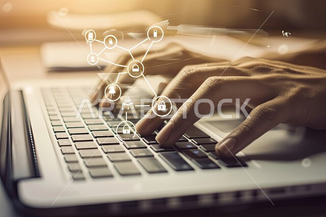 The concept of cybersecurity and information preservation, a close-up image of the hands of an Arab man working on a laptop, three-dimensional holographic icons, algorithms and luminous symbols of technology and modern technology, communication lines and computer programming