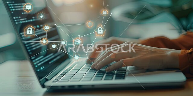 مفهوم الامن السيبراني والحفاظ على المعلومات، صورة مقربة لايدي رجل عربي يعمل على جهاز اللابتوب المحمول، ايقونات هولوجراميه ثلاثية الابعاد، الخوارزميات والرموز المضيئة للتقنيه والتكنولوجيا الحديثه، خطوط الاتصال و البرمجه الحاسوبيه
