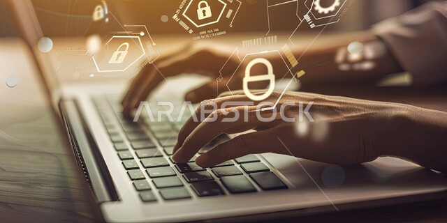 مفهوم الامن السيبراني والحفاظ على المعلومات، صورة مقربة لايدي رجل عربي يعمل على جهاز اللابتوب المحمول، ايقونات هولوجراميه ثلاثية الابعاد، الخوارزميات والرموز المضيئة للتقنيه والتكنولوجيا الحديثه، خطوط الاتصال و البرمجه الحاسوبيه