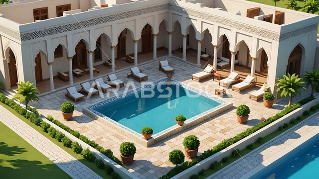 الديكورات الحديثة للبيوت والمنازل العربية في المملكة, الأشجار والطبيعة الخضراء حول حمام السباحة في الحديقة الخارجية, الفن الهندسي المعماري في بناء الشقق والفلل السكنية, تصاميم ثلاثية الأبعاد لمبنى عربي في السعودية