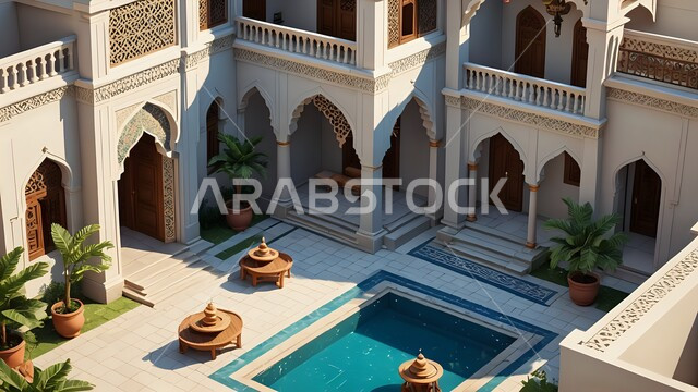 الديكورات الحديثة للبيوت والمنازل العربية في المملكة, الأشجار والطبيعة الخضراء حول حمام السباحة في الحديقة الخارجية, الفن الهندسي المعماري في بناء الشقق والفلل السكنية, تصاميم ثلاثية الأبعاد لمبنى عربي في السعودية