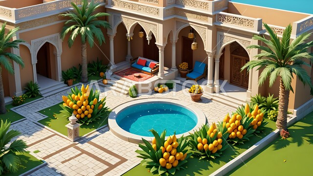 تصاميم ثلاثية الأبعاد لمبنى عربي في السعودية, الفن الهندسي المعماري في بناء الشقق والفلل السكنية, أشجار النخيل والطبيعة الخضراء حول حمام السباحة في الحديقة الخارجية, الديكورات الحديثة للبيوت والمنازل العربية في المملكة